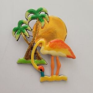 Vintage Signed MJ Brooch Pin Pendant Flamingo Palms Sunset Enamel Beach Retro